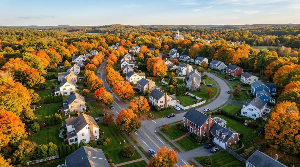 Aerial view of New England neighborhood in autumn